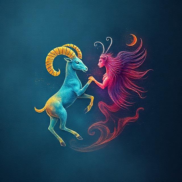 Aries ram Aquarius water bearer symbolic matte painting fire air elements merging cosmic energy