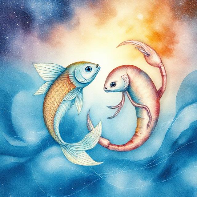 artistic representation of Pisces and Cancer zodiac signs intertwined in cosmic ocean