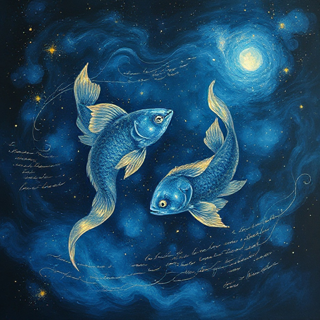 Two luminous fish swimming through a deep indigo cosmic ocean with poetry woven into the water