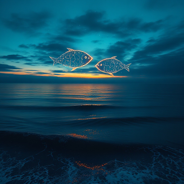 Constellation fish hovering above a twilight ocean with drifting pages of poetry — illustration for the article Pisces and Poetry: A Match Made in the Deep Waters