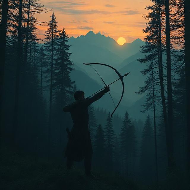 Mystical archer in forest at twilight - Sagittarius symbolism matte painting