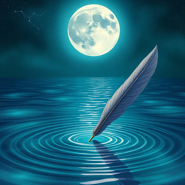 A quill pen writing on moonlit bioluminescent water beneath the constellation of Pisces