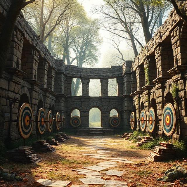 Ancient ruins with archery targets and scrolls - Sagittarius wisdom and adventure matte painting