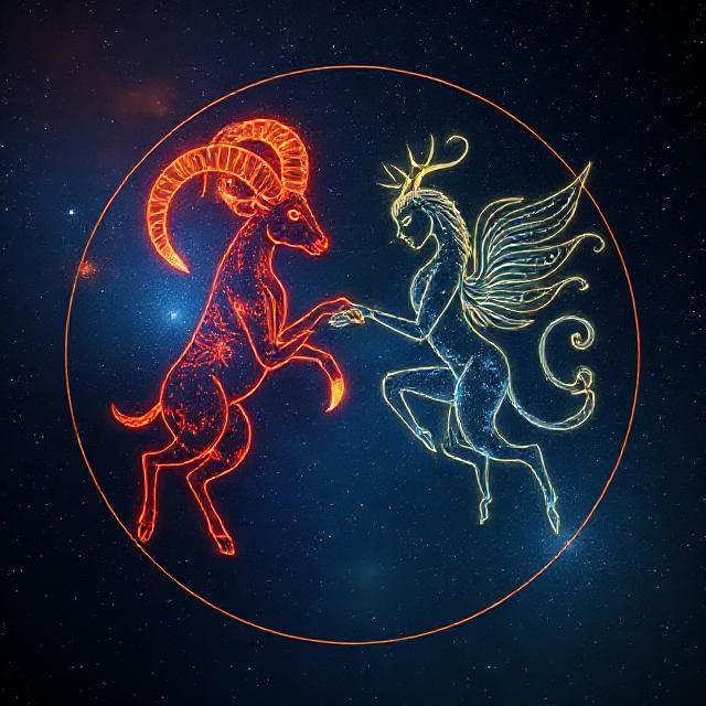 Aries and Aquarius cosmic connection matte painting fire air elements zodiac relationship
