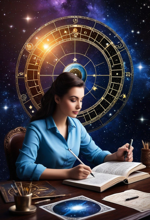 Woman behind astrology birth chart studying her profession