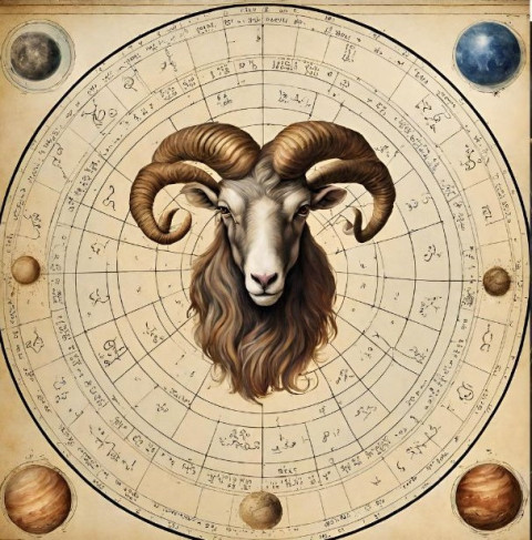 An Aries ram in front of a birth chart