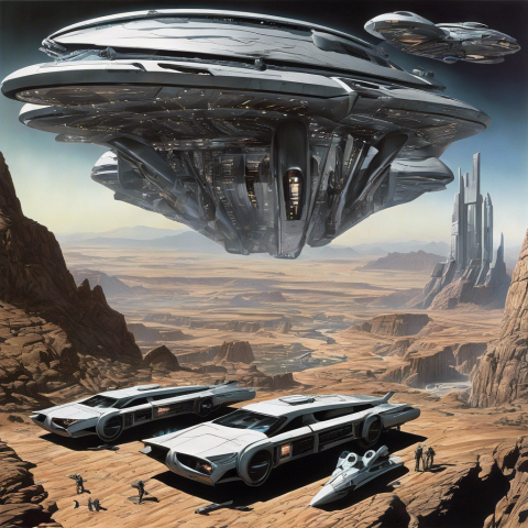 Futuristic vehicles in barren setting