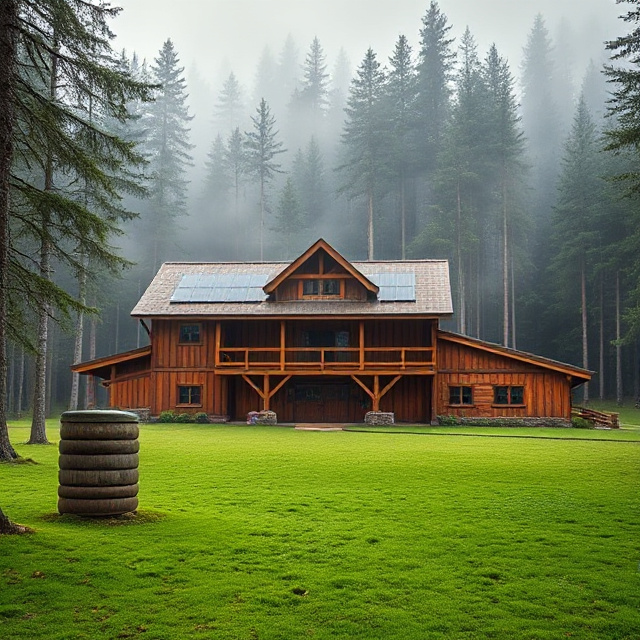 Timber-frame barn campus in a pristine Canadian forest